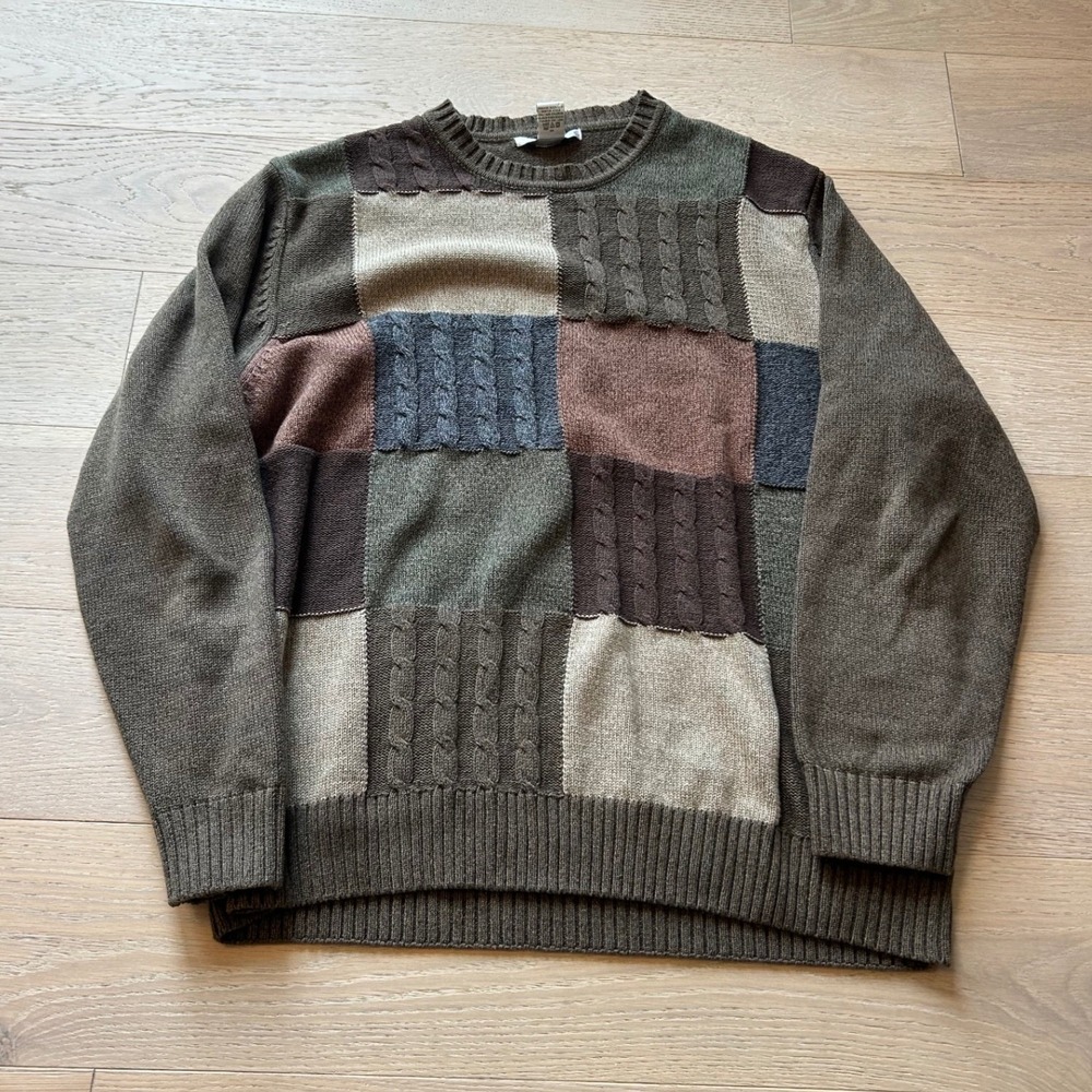 Vintage Cottage Mens XL Patchwork Cable Knit Cotton Sweater Olive Brown Earthy